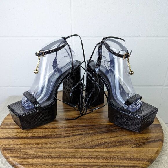 Simmi London Daina Black Patent Faux Snake Print Lace Up Platform Block Heel - Picture 7 of 16